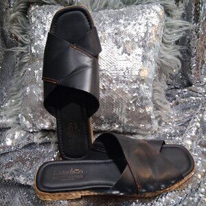 Coach and Four Italian Leather Sandals | Black Cross Strap Slides | Made in Ital
